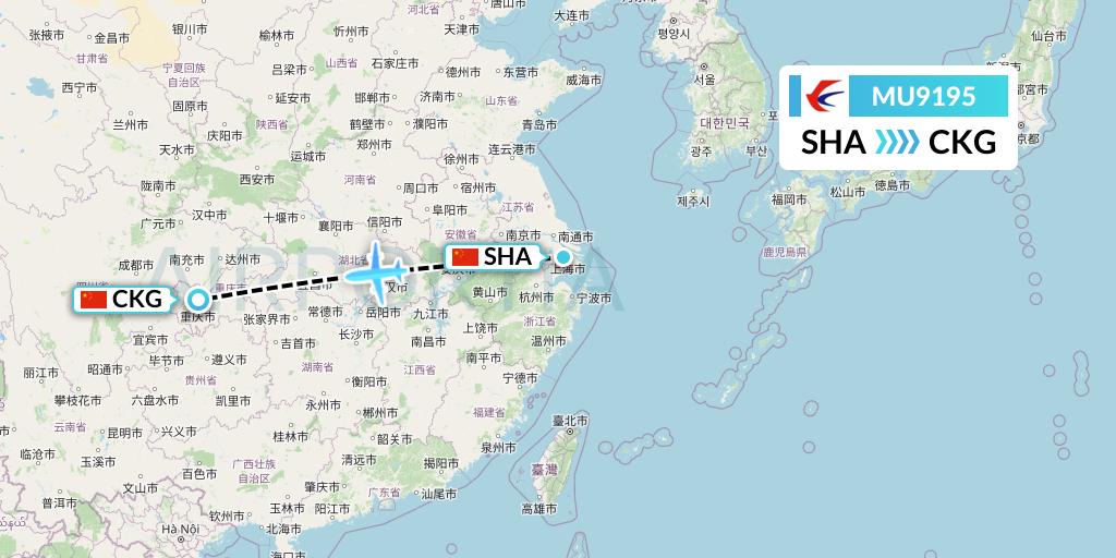 MU9195 China Eastern Airlines Flight Map: Shanghai to Chongqing