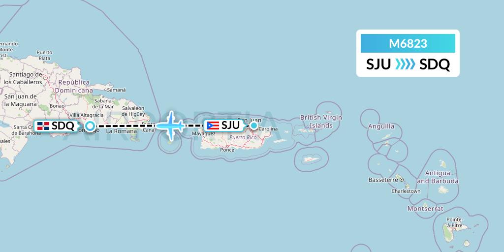 M6823 Amerijet International Flight Map: San Juan to Santo Domingo