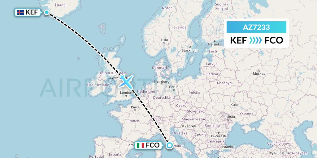 AZ7233 ITA Airways Flight Map: Reykjavik to Rome