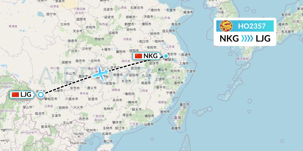 HO2357 Juneyao Airlines Flight Map: Nanjing to Lijiang