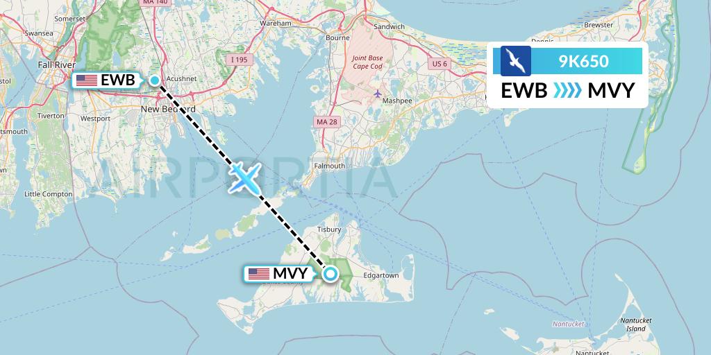 9K650 Cape Air Flight Map: New Bedford to Martha's Vineyard