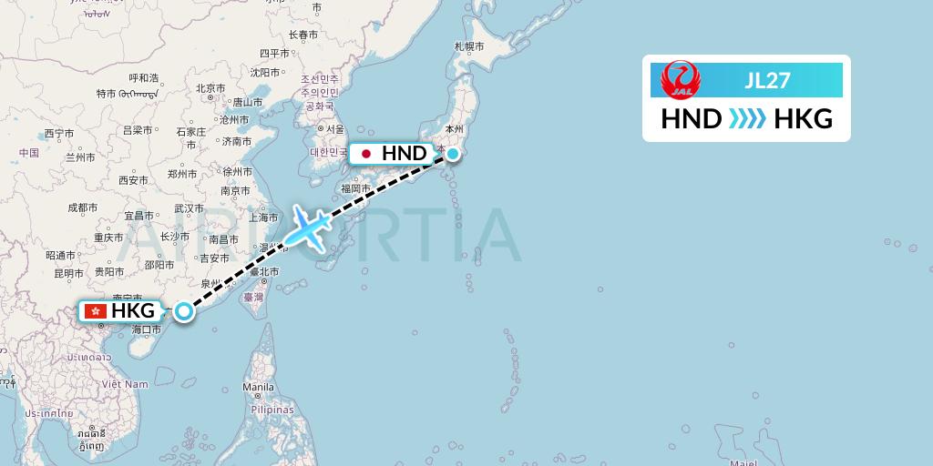 JL27 Japan Airlines Flight Map: Tokyo to Hong Kong
