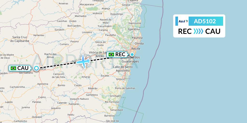 AD5102 Azul Brazilian Airlines Flight Map: Recife to Caruaru