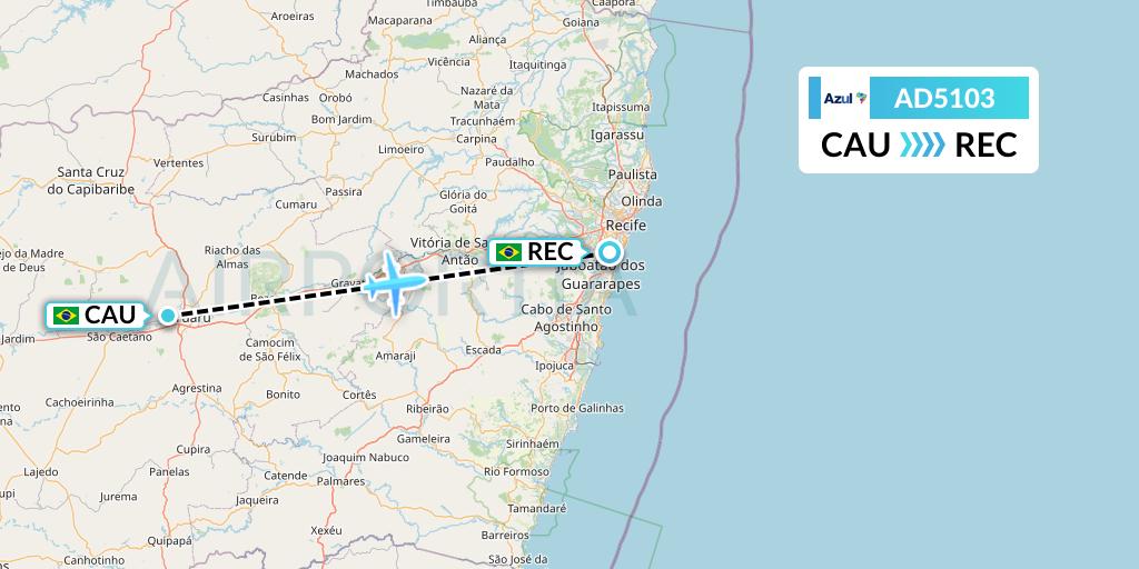 AD5103 Azul Brazilian Airlines Flight Map: Caruaru to Recife