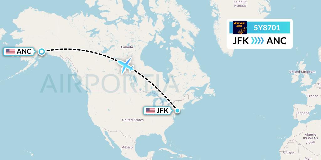 5Y8701 Atlas Air Flight Map: New York to Anchorage