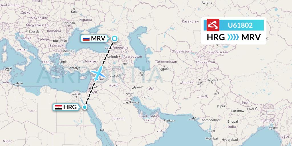 U61802 Ural Airlines Flight Map: Hurghada to Mineralnye Vody