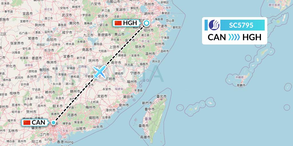 SC5795 Shandong Airlines Flight Map: Guangzhou to Hangzhou