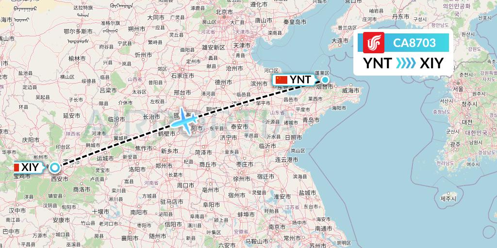 CA8703 Air China Flight Map: Yantai to Xi'an