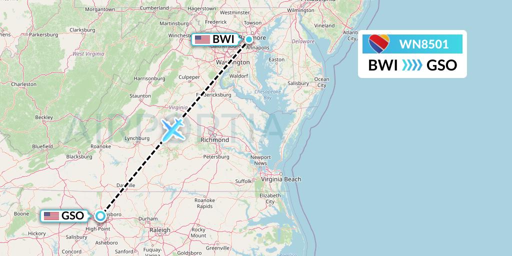 WN8501 Southwest Airlines Flight Map: Baltimore to Greensboro