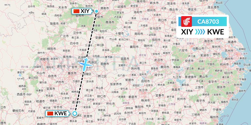 CA8703 Air China Flight Map: Xi'an to Guiyang