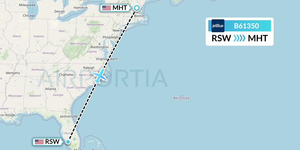 B61350 JetBlue Airways Flight Map: Fort Myers to Manchester