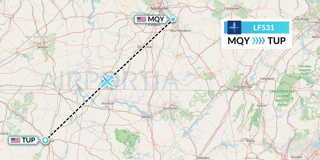 LF531 Corporate Flight Management Flight Map: Smyrna to Tupelo