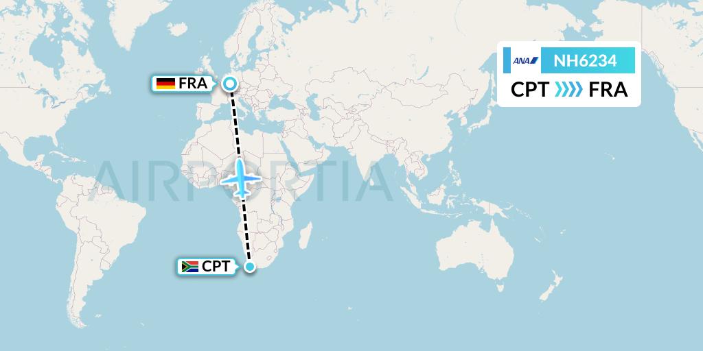 NH6234 All Nippon Airways Flight Map: Cape Town to Frankfurt