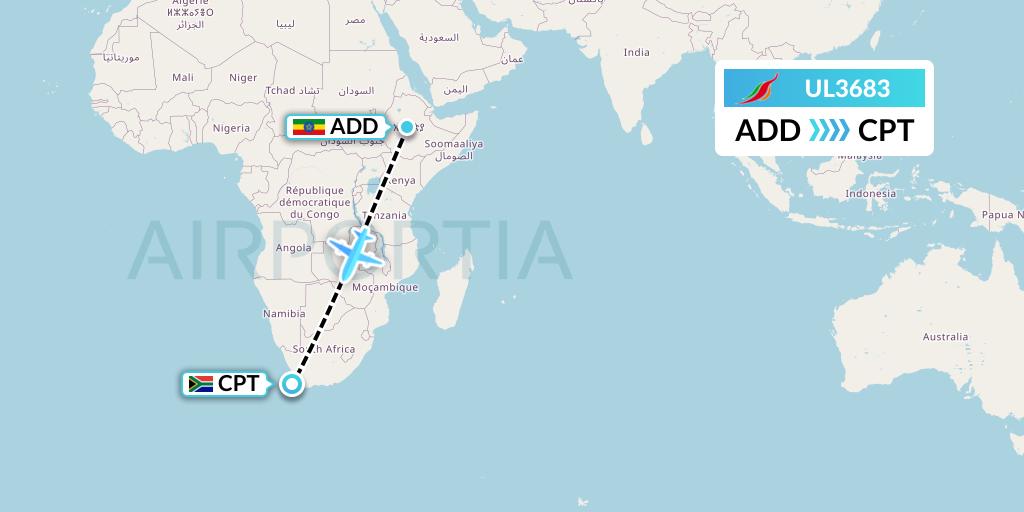 UL3683 SriLankan Airlines Flight Map: Addis Ababa to Cape Town