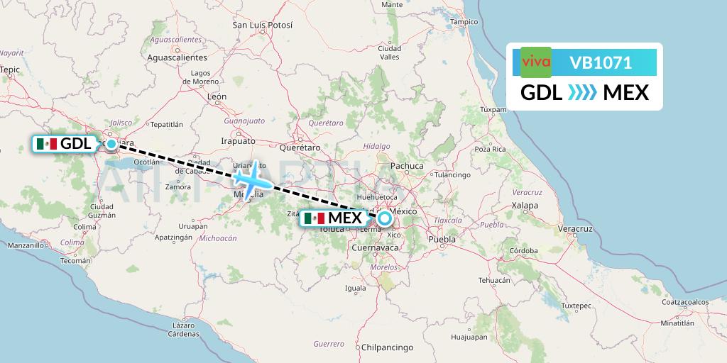 VB1071 VivaAerobus Flight Map: Guadalajara to Mexico City
