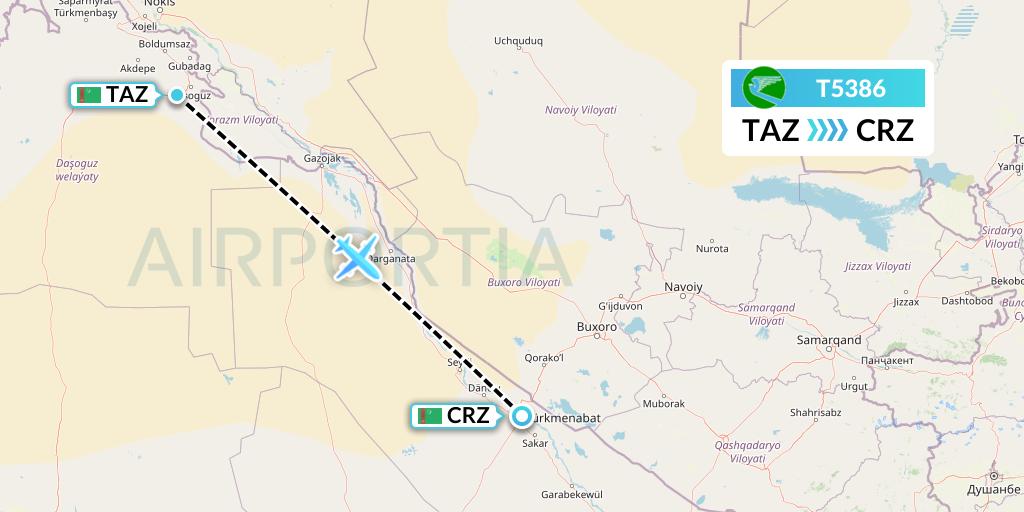 T5386 Turkmenistan Airlines Flight Map: Dasoguz to Turkmenabat