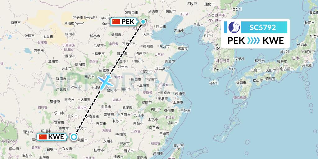 SC5792 Shandong Airlines Flight Map: Beijing to Guiyang