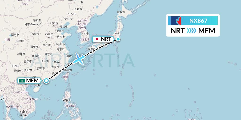 NX867 Air Macau Flight Map: Tokyo to Macau