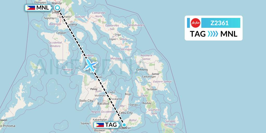 Z2361 Philippines AirAsia Flight Map: Tagbilaran City to Manila