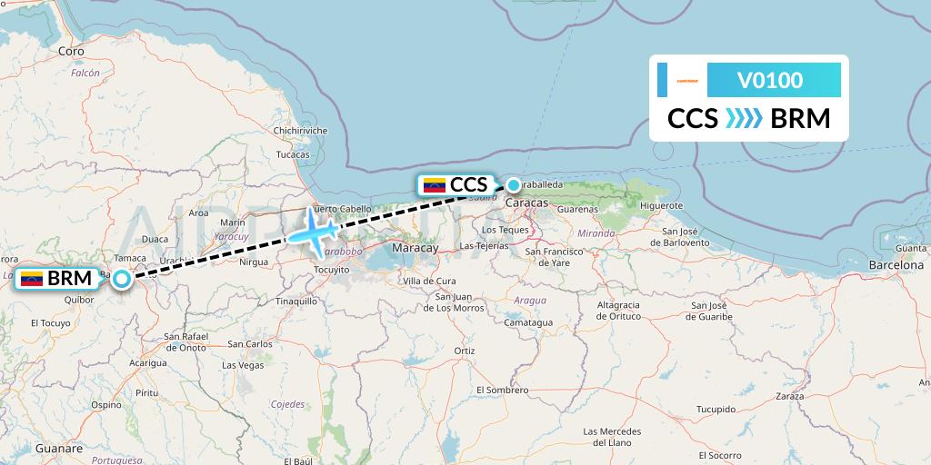 V0100 Conviasa Flight Map: Caracas to Barquisimeto