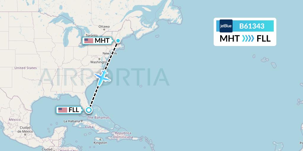 B61343 JetBlue Airways Flight Map: Manchester to Fort Lauderdale