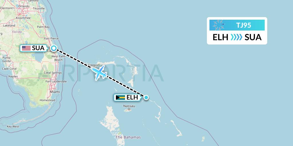 TJ95 Tradewind Aviation Flight Map: North Eleuthera to Stuart