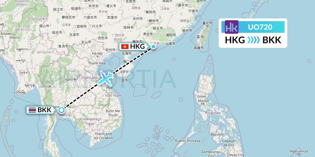 UO720 Hong Kong Express Flight Map: Hong Kong to Bangkok