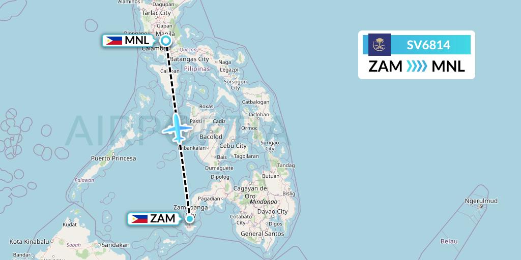 SV6814 Saudi Arabian Airlines Flight Map: Zamboanga to Manila