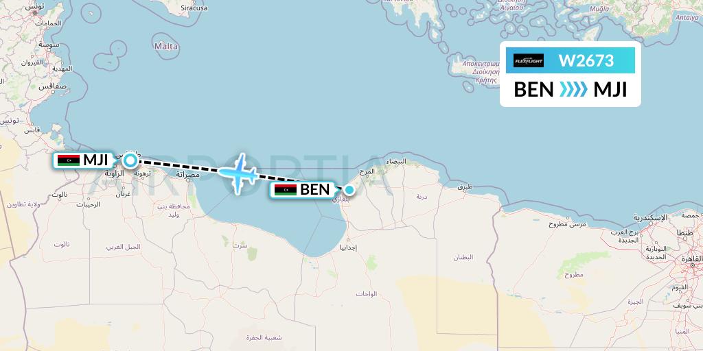W2673 Flex Flight Flight Map: Benghazi to Tripoli