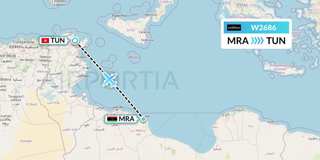 W2686 Flex Flight Flight Map: Misrata to Tunis