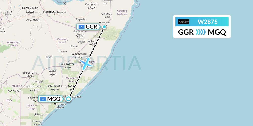 W2875 Flex Flight Flight Map: Garoe to Mogadishu