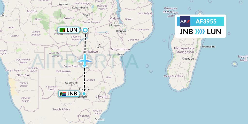 AF3955 Air France Flight Map: Johannesburg to Lusaka