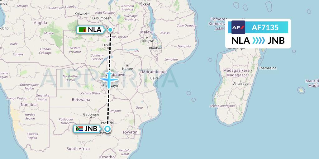 AF7135 Air France Flight Map: Ndola to Johannesburg