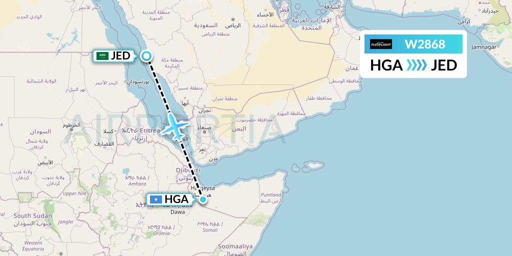 W2868 Flex Flight Flight Map: Hargeisa to Jeddah