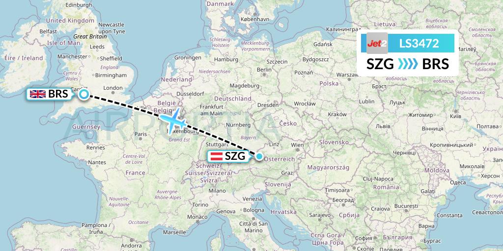 LS3472 Jet2 Flight Map: Salzburg to Bristol