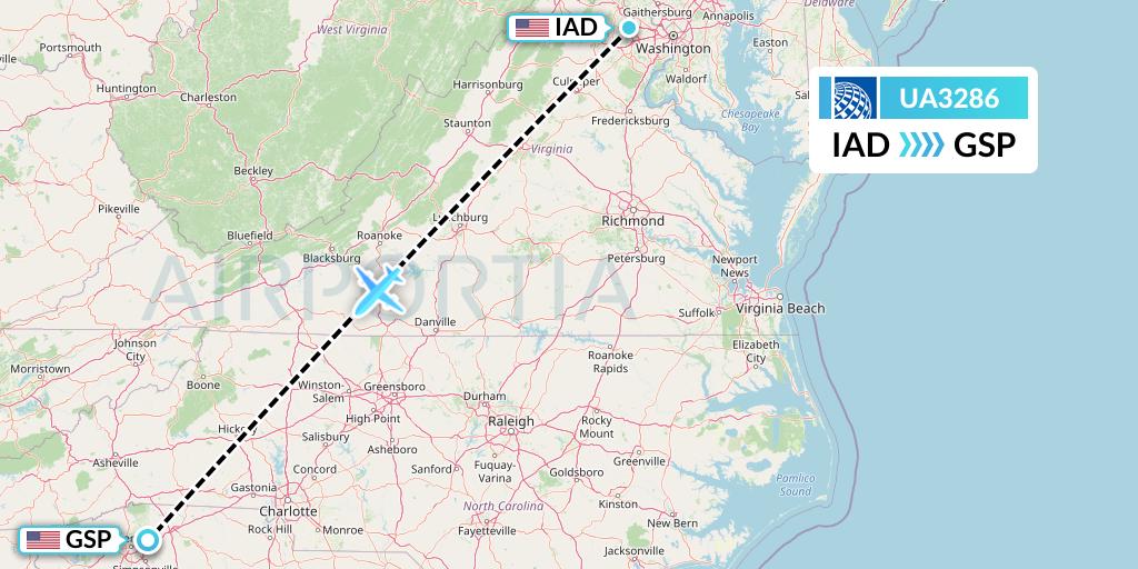 UA3286 United Airlines Flight Map: Washington to Greenville-Spartanburg