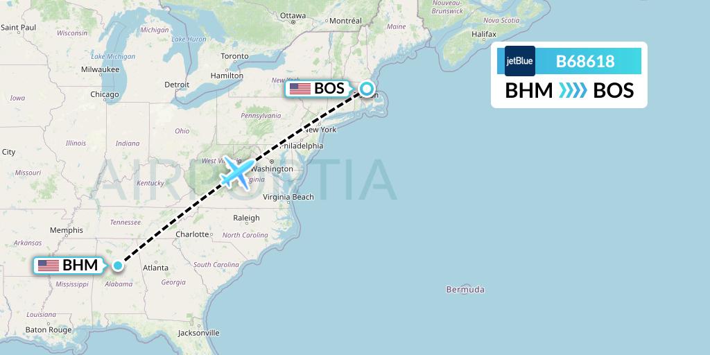 B68618 JetBlue Airways Flight Map: Birmingham to Boston