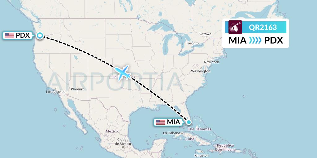 QR2163 Qatar Airways Flight Map: Miami to Portland