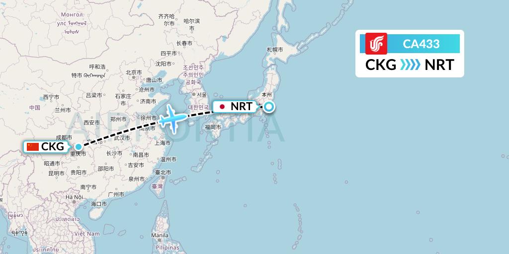 CA433 Air China Flight Map: Chongqing to Tokyo