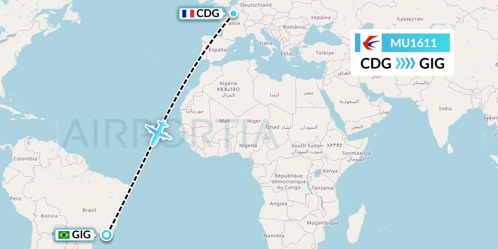 MU1611 China Eastern Airlines Flight Map: Paris to Rio de Janeiro