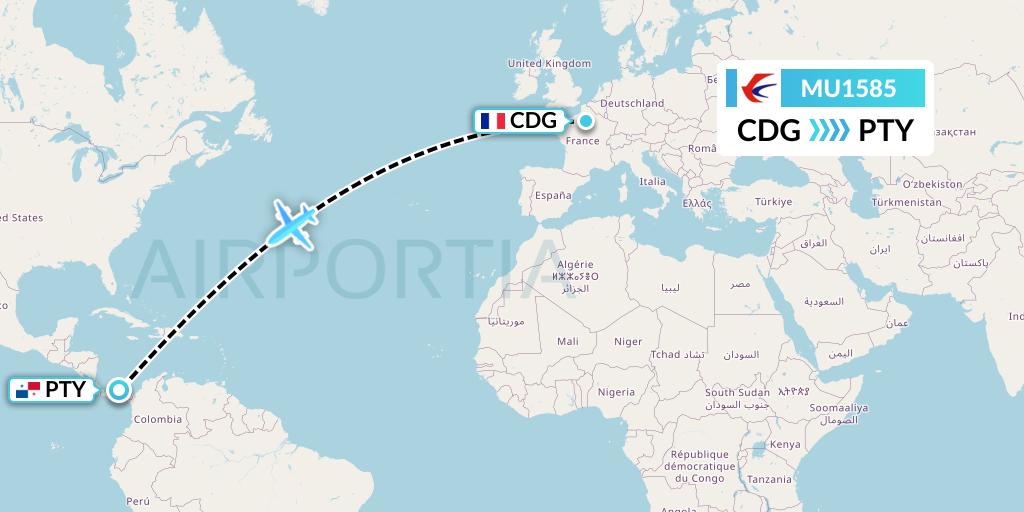 MU1585 China Eastern Airlines Flight Map: Paris to Panama City