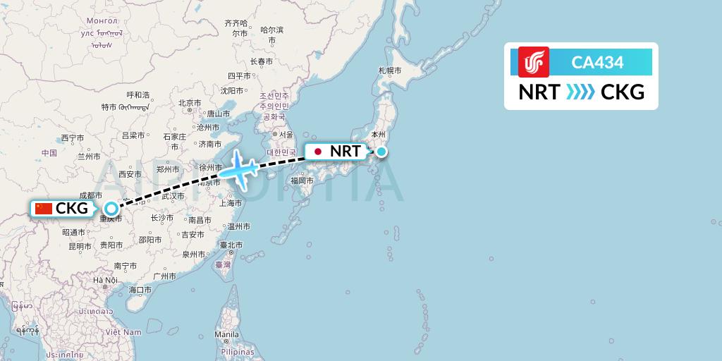 CA434 Air China Flight Map: Tokyo to Chongqing