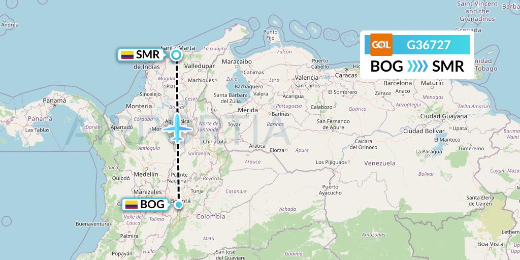 G36727 GOL Transportes Aeros Flight Map: Bogota to Santa Marta