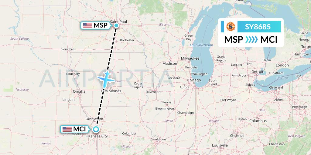 SY8685 Sun Country Airlines Flight Map: Minneapolis to Kansas City
