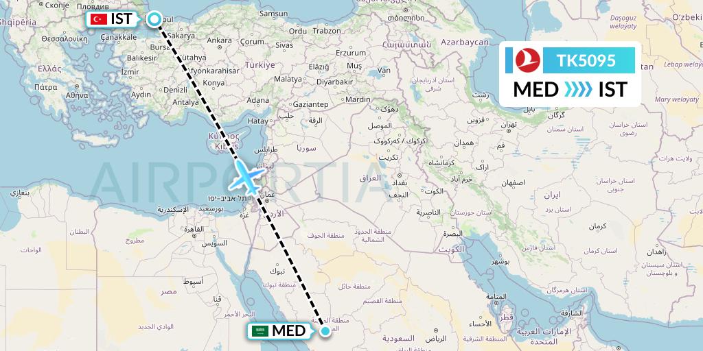 TK5095 Turkish Airlines Flight Map: Medina to Istanbul