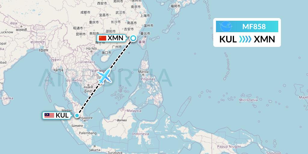 MF858 Xiamen Airlines Flight Map: Kuala Lumpur to Xiamen