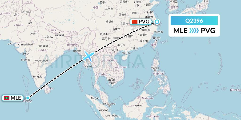 Q2396 Maldivian Flight Map: Male to Shanghai