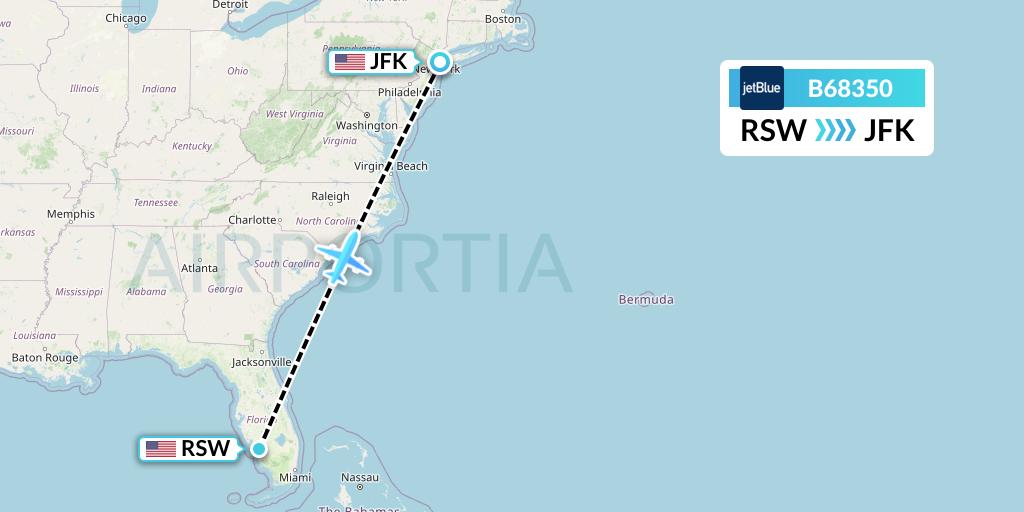 B68350 JetBlue Airways Flight Map: Fort Myers to New York