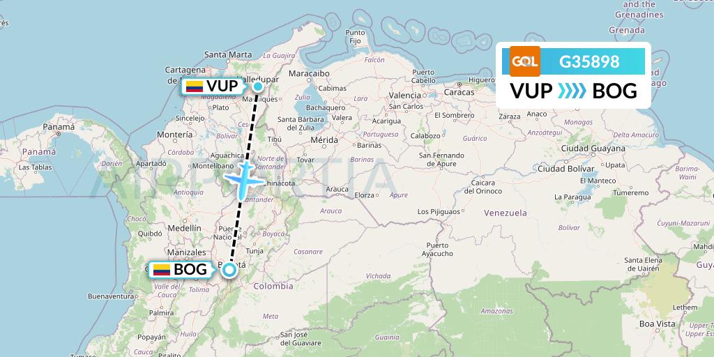 G35898 GOL Transportes Aeros Flight Map: Valledupar to Bogota