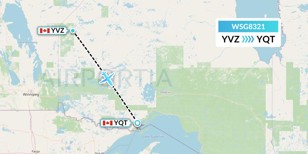 WSG8321 Wasaya Airways Flight Map: Deer Lake to Thunder Bay